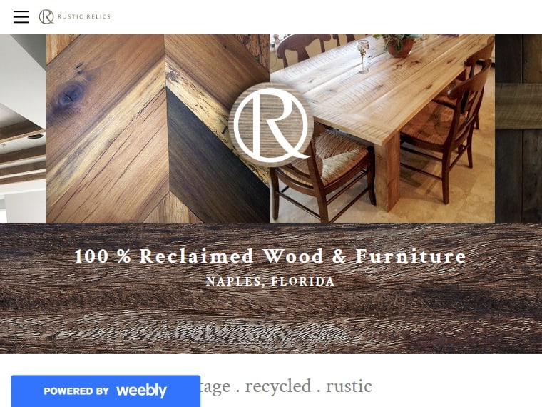 A screenshot of the Rustic Relics website.