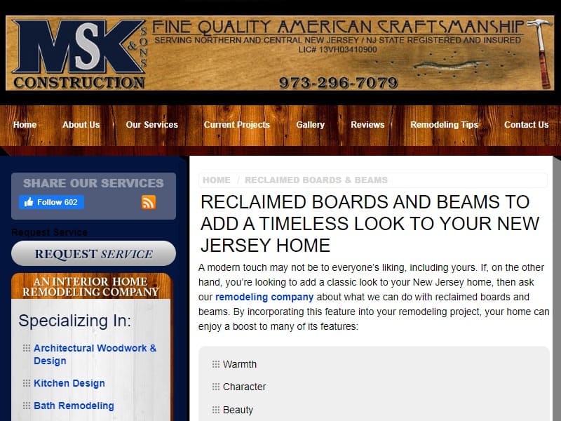 A screenshot of the MSK & Sons Construction website.