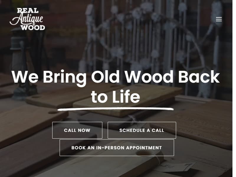 A screenshot of the Real Antique Wood (RAW) website.