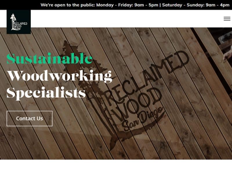 A screenshot of the Reclaimed Wood San Diego website.