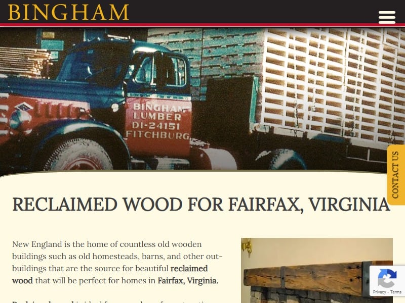 A screenshot of the Bingham Lumber website.