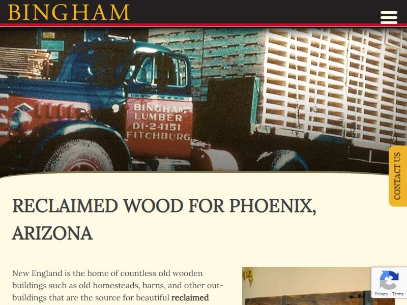 A screenshot of the Bingham Lumber website.