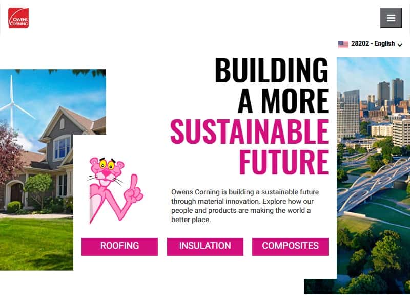 A screenshot of the Owens Corning website.