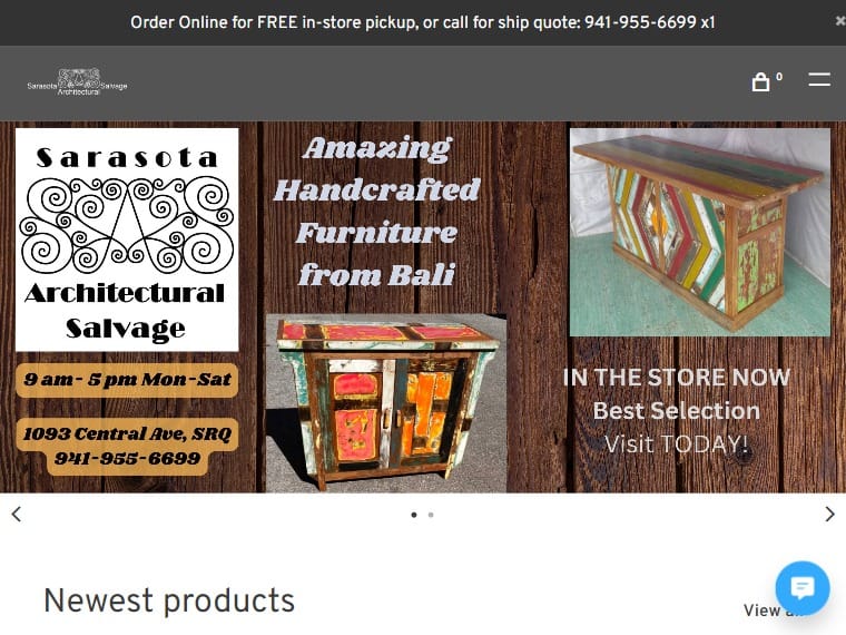 A screenshot of the Sarasota Architectural Salvage (SAS) website.