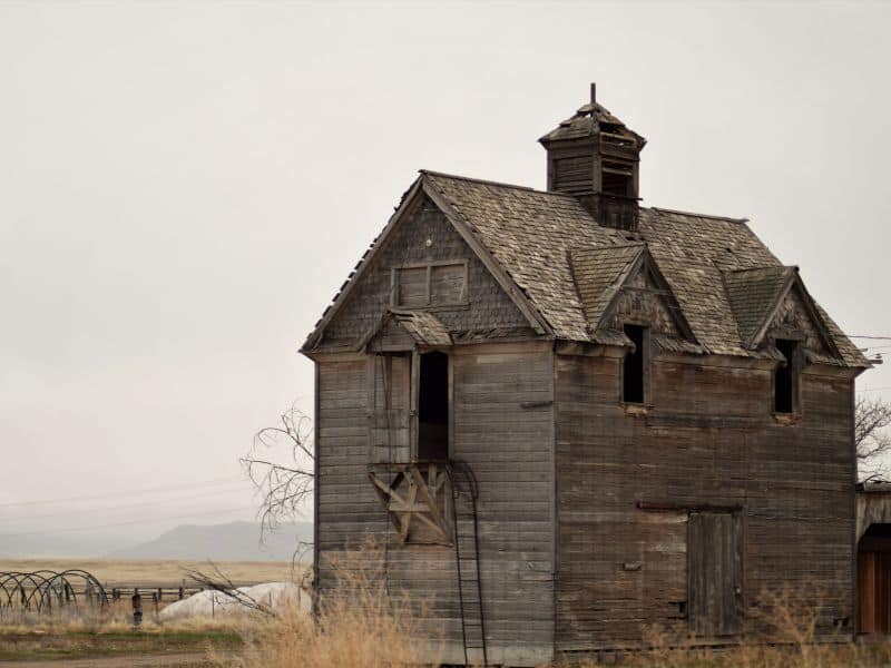 A photograph of an old derelict barn ready for its wood to be salvaged. It is in the countryside with hills in the distance behind.