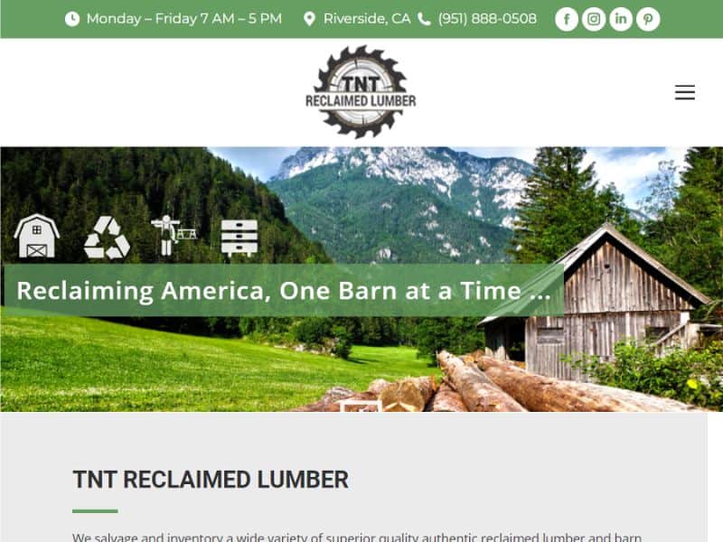 A screenshot of the TNT Reclaimed Lumber website.