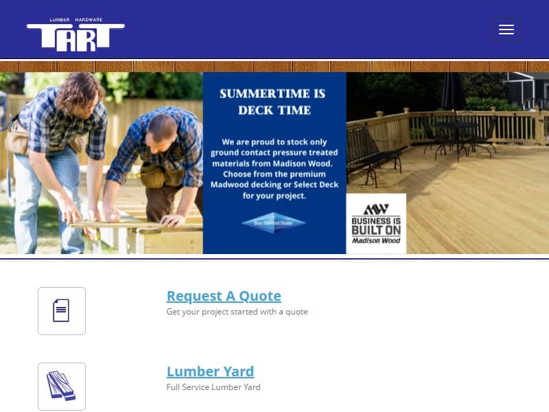 A screenshot of the Tart Lumber website.