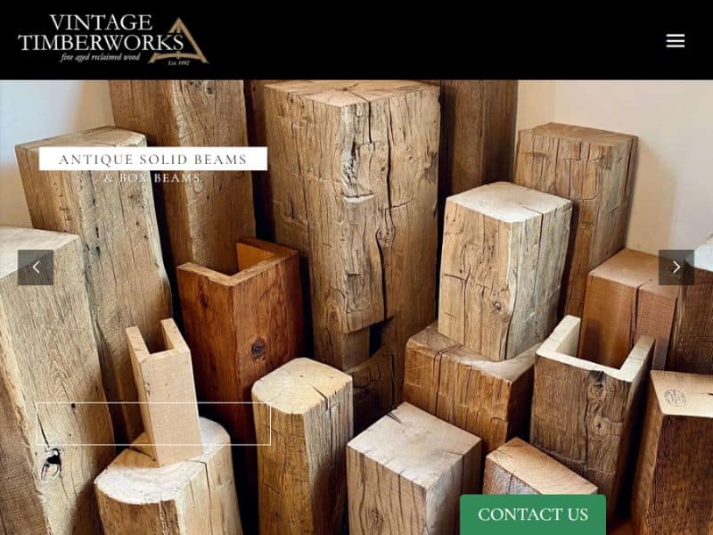 A screenshot of the Vintage Timberworks website.