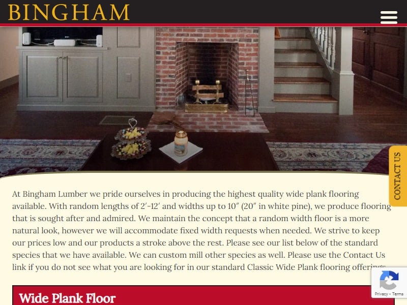 A screenshot of the Bingham Lumber website.