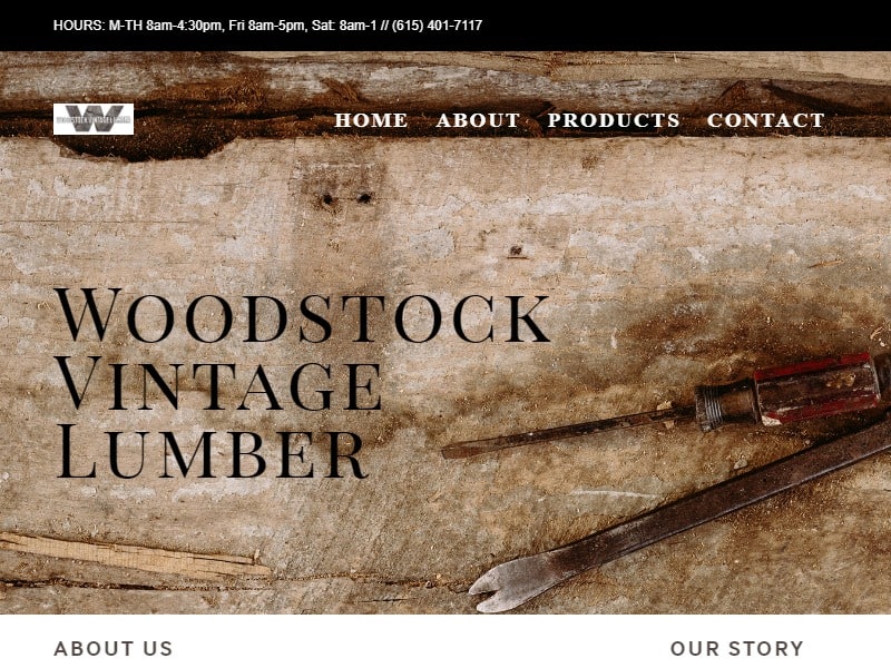 A screenshot of the Woodstock Vintage Lumber website.