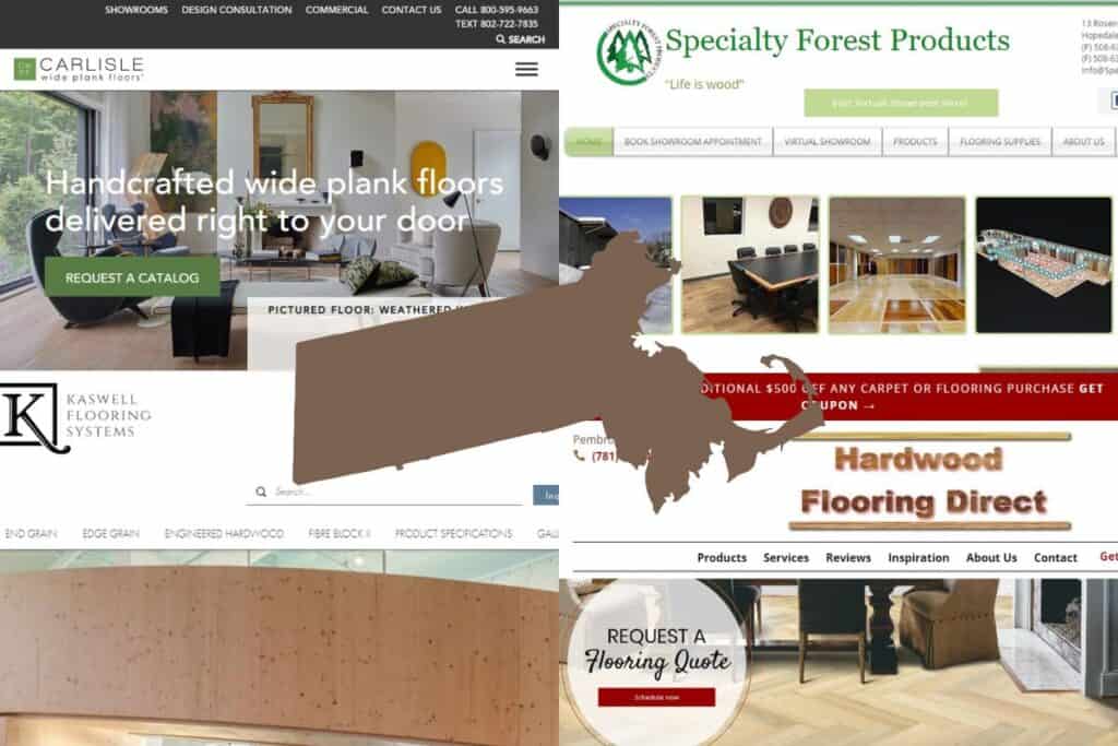 Screenshots of the websites of four of the Best Engineered Wood Construction Companies in Massachusetts. In the center of the image is an outline map of the state of Massachusetts filled with brown.