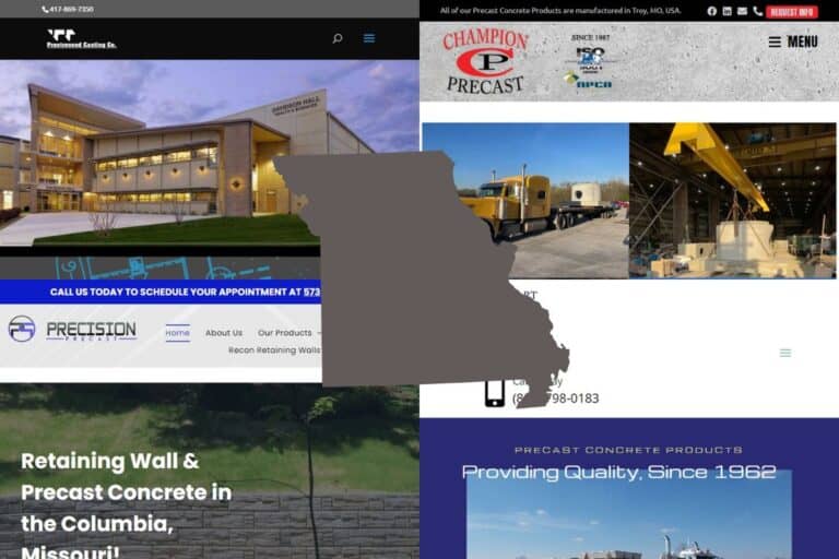 Screenshots of the websites of four of the Best Precast Concrete Construction Companies in Missouri. In the center of the image is an outline map of the state of Missouri filled with gray.