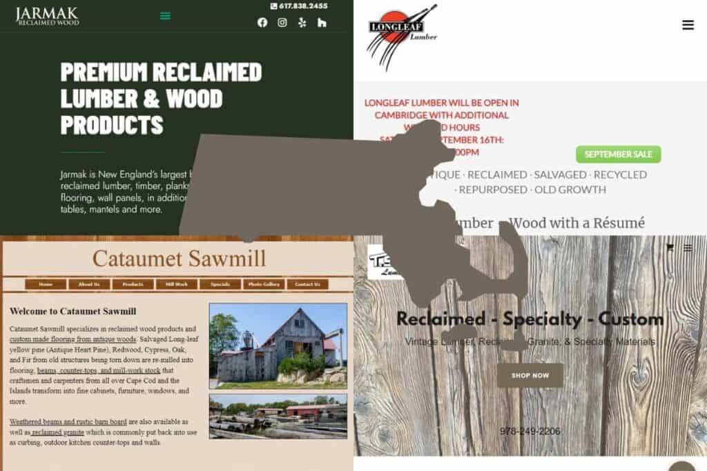 Screenshots of the websites of four of the Best Reclaimed Wood Construction Companies in Massachusetts. In the center of the image is an outline map of the state of Massachusetts filled with light brown.