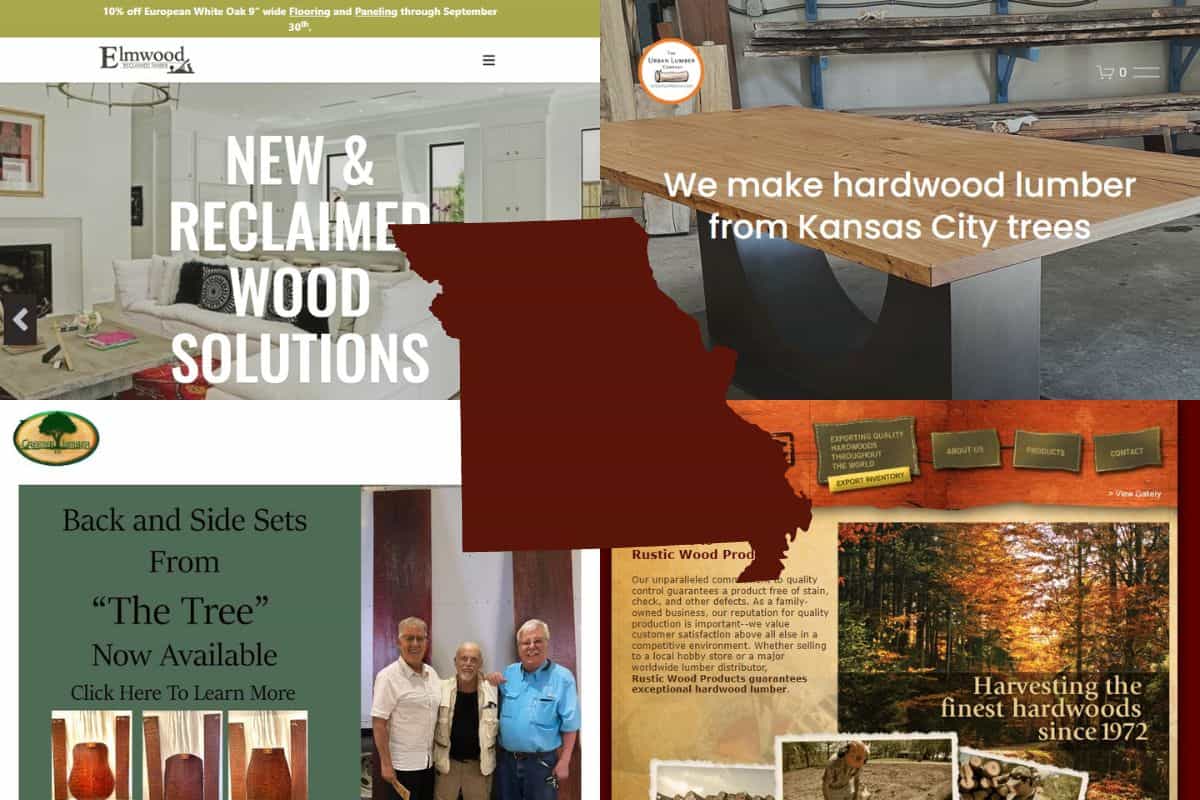 Screenshots of the websites of four of the Best Reclaimed Wood Construction Companies in Missouri. In the center of the image is an outline map of the state of Missouri filled with brown.