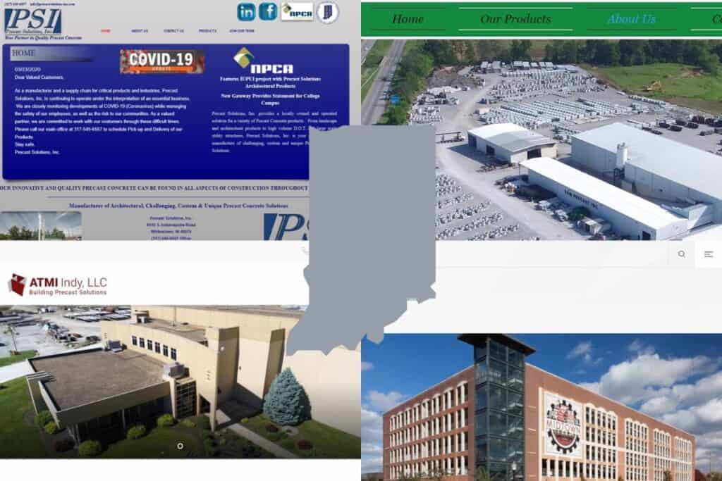 Screenshots of the websites of four of the Best Precast Concrete Construction Companies in Indiana. In the center of the image is an outline map of the state of Indiana filled with gray.