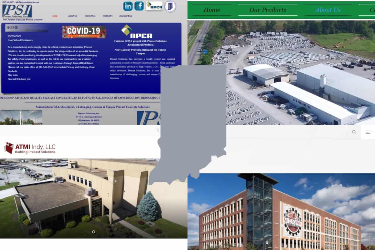 Screenshots of the websites of four of the Best Precast Concrete Construction Companies in Indiana. In the center of the image is an outline map of the state of Indiana filled with gray.