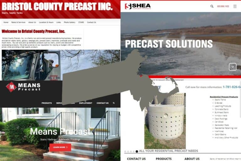 Screenshots of the websites of four of the Best Precast Concrete Construction Companies in Massachusetts. In the center of the image is an outline map of the state of Massachusetts filled with gray.