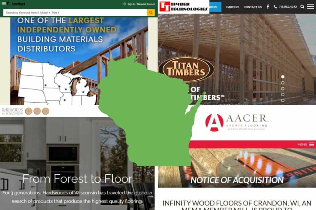 Four screenshots of the websites of the Best Engineered Wood Construction Companies in Wisconsin with a green outline map of Wisconsin in the center.