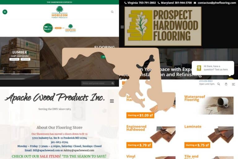 Screenshots of the websites of four of the Best Engineered Wood Construction Companies in Maryland. In the center of the image is an outline map of the state of Maryland filled with light brown.