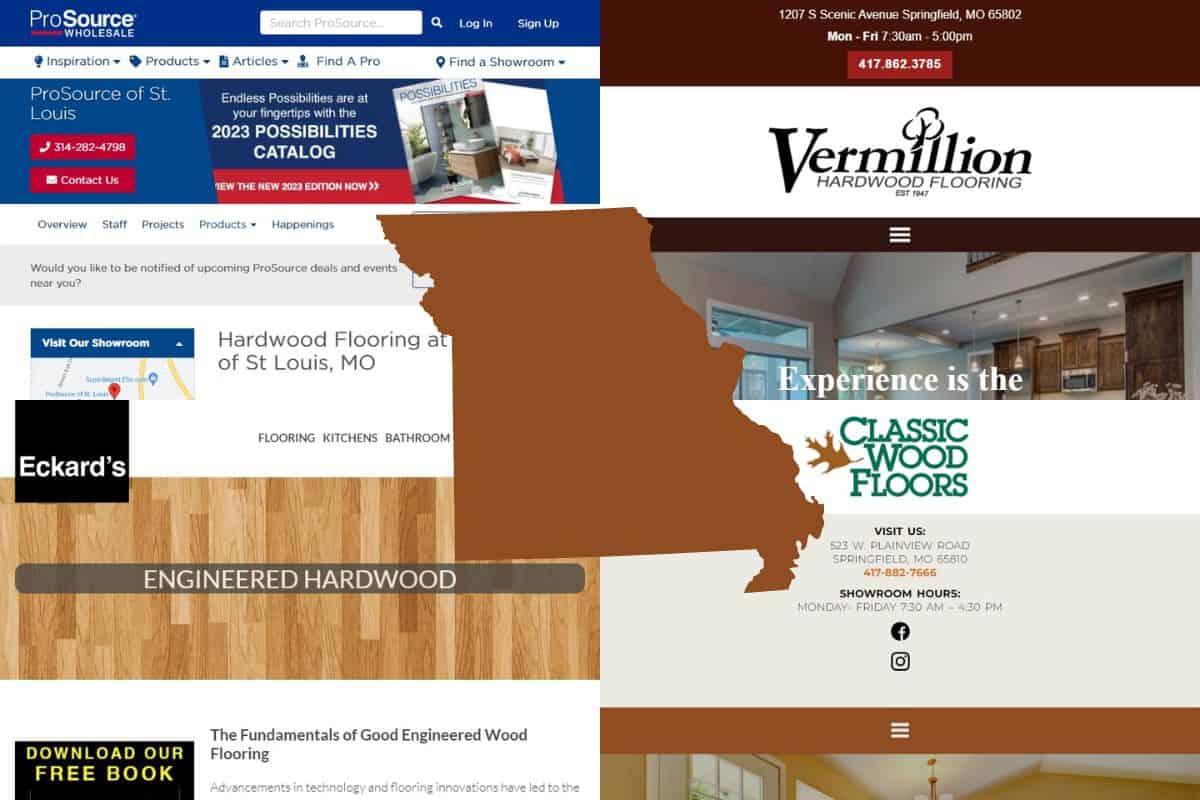 Screenshots of the websites of four of the Best Engineered Wood Construction Companies in Missouri. In the center of the image is an outline map of the state of Missouri filled with brown.