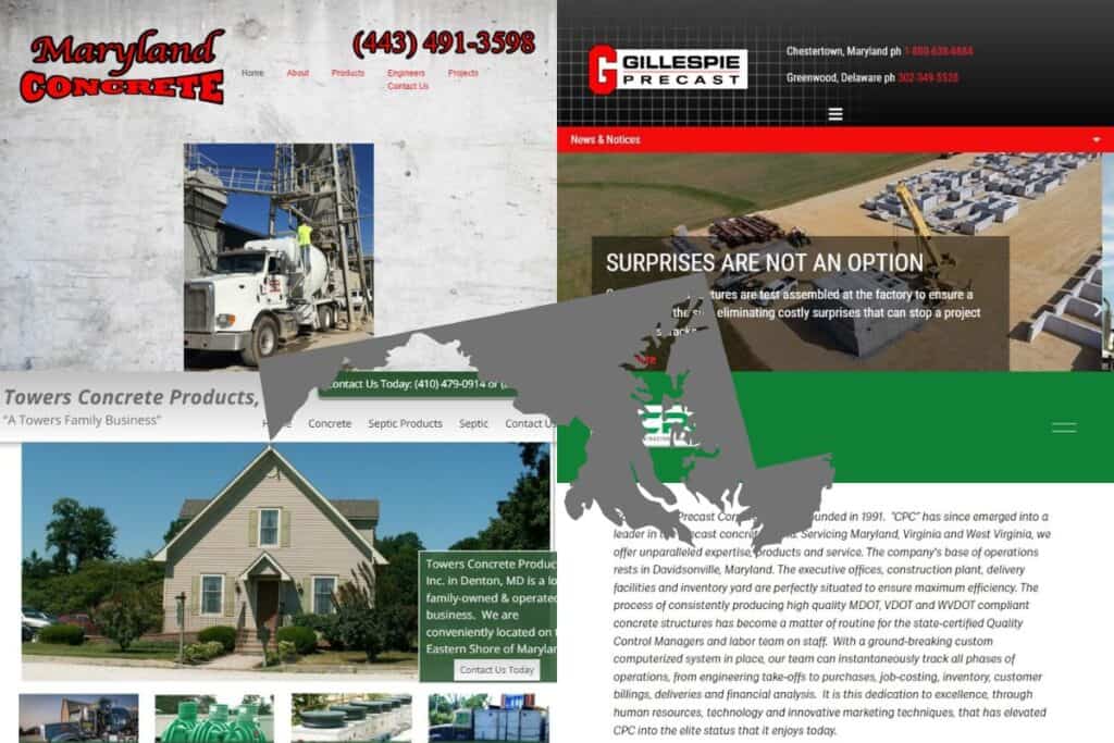 Screenshots of the websites of four of the Best Precast Concrete Construction Companies in Maryland. In the center of the image is an outline map of the state of Maryland filled with gray.