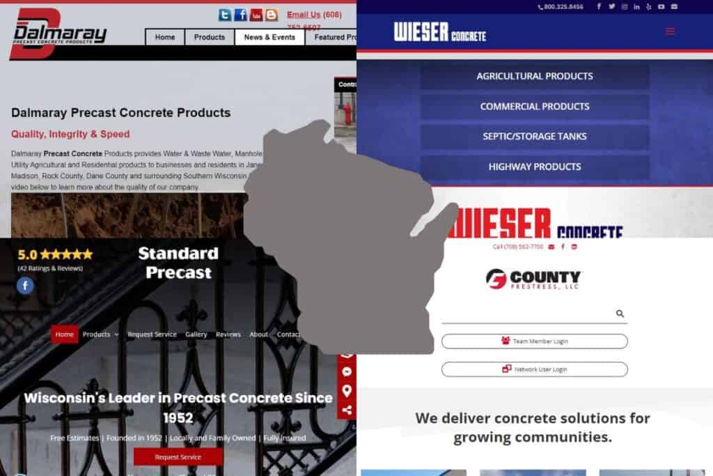Four screenshots of the websites of the Best Precast Concrete Construction Companies in Wisconsin with a green outline map of Wisconsin in the center.