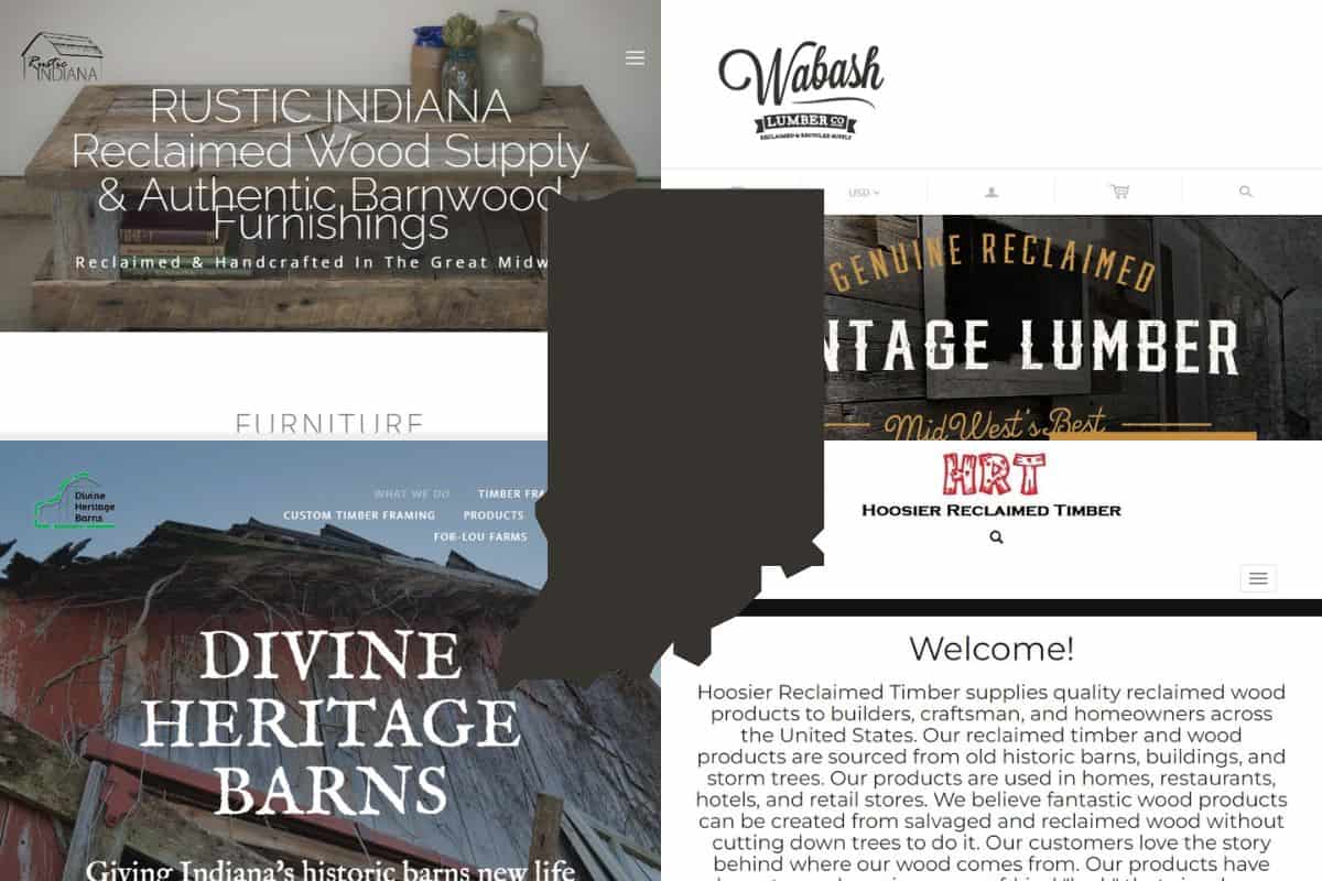 Screenshots of the websites of four of the Best Reclaimed Wood Construction Companies in Indiana. In the center of the image is an outline map of the state of Indiana filled with dark brown.