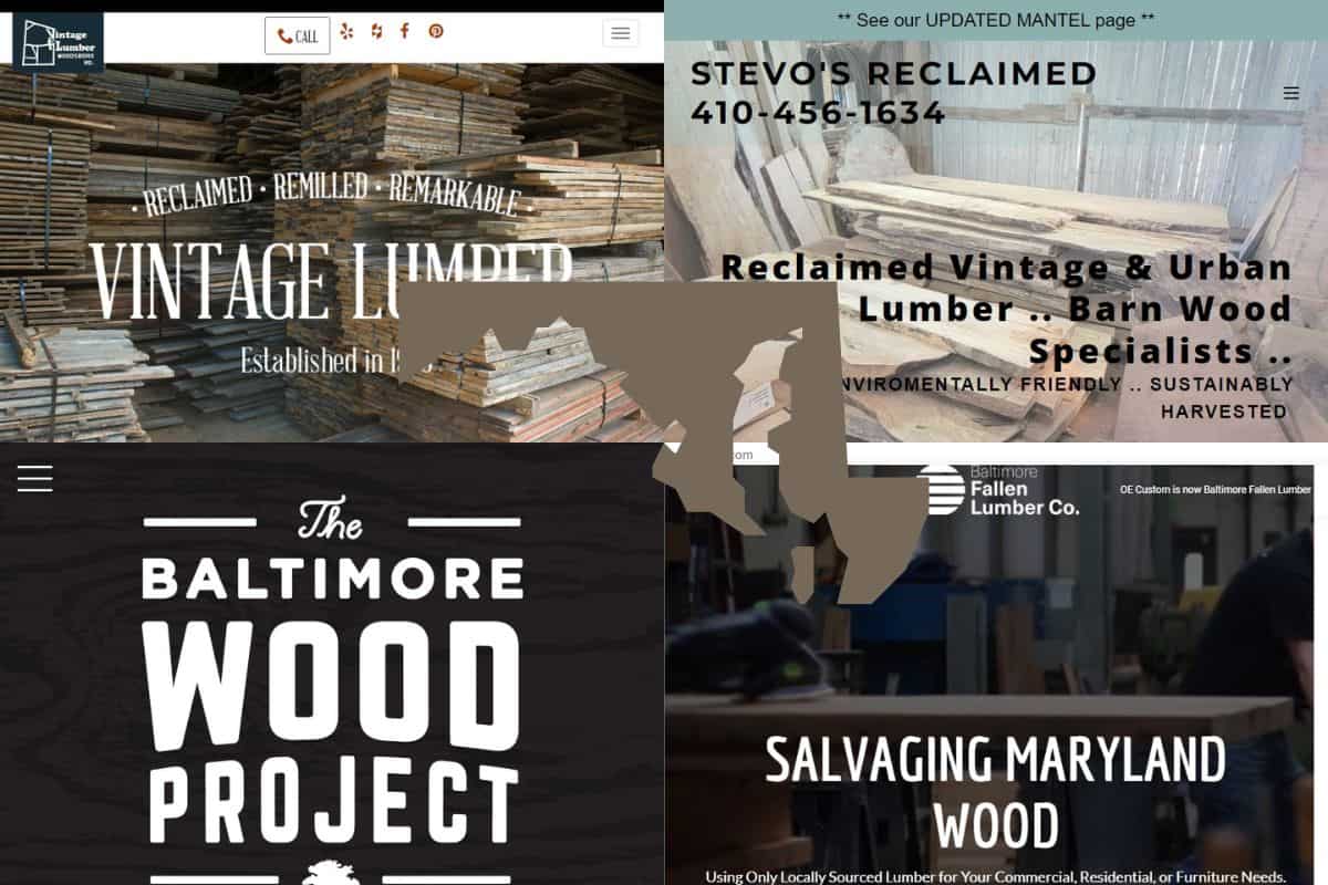 Screenshots of the websites of four of the Best Reclaimed Wood Construction Companies in Maryland. In the center of the image is an outline map of the state of Maryland filled with brown.