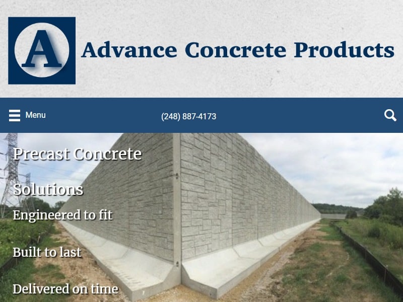 A screenshot of the Advance Concrete Products website.