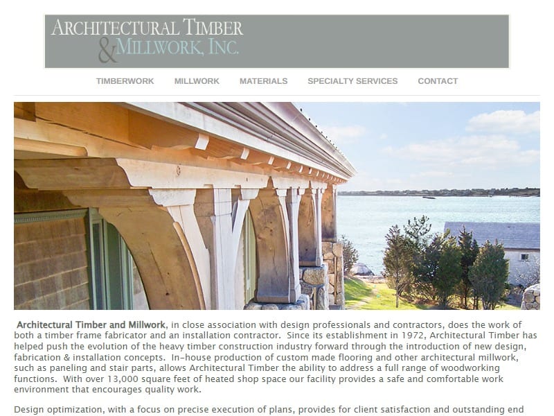 A screenshot of the Architectural Timber and Millwork, Inc. website.