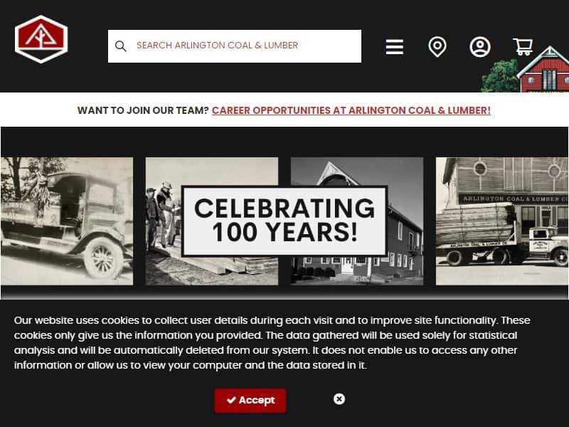 A screenshot of the Arlington Coal & Lumber website.