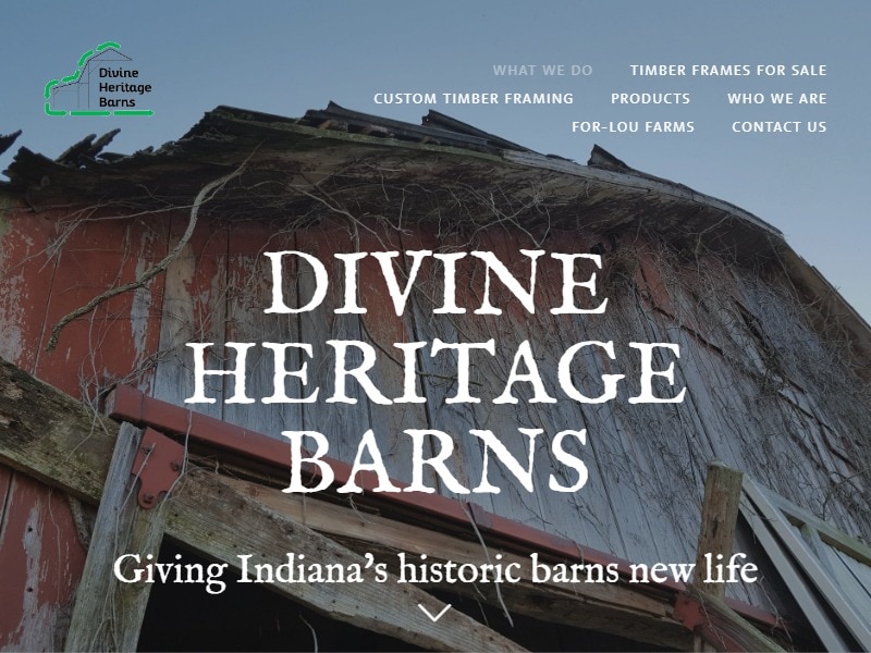 A screenshot of the Divine Heritage Barns website.