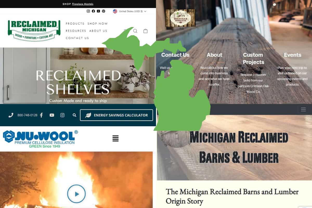 Screenshots of the websites of four of the Best Green Building Material Companies In Michigan. In the center of the image is an outline map of the state of Michigan filled with green.