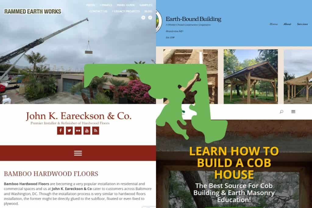 Screenshots of the websites of four of the Best 15 Sustainable Building Material Companies in Maryland. In the center of the image is an outline map of the state of Maryland filled with green.