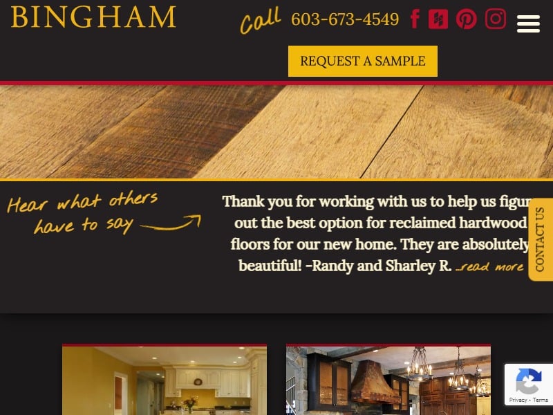 A screenshot of the Bingham Lumber website.