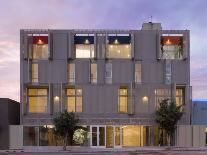 The Cherokee Studios - a modern-looking square building with narrow and wide windows on its facade.