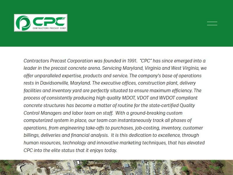 A screenshot of the Contractors Precast Corporation website.