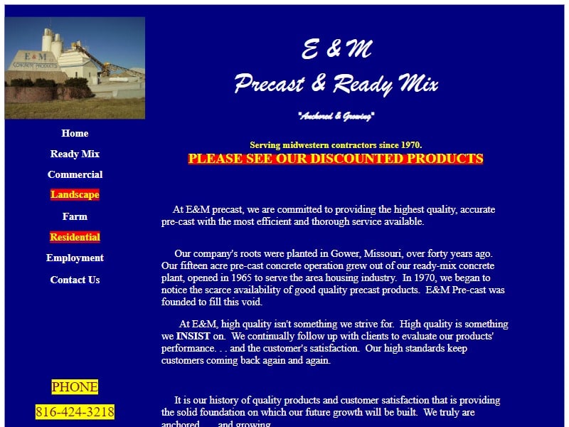 A screenshot of the E&M Precast website.