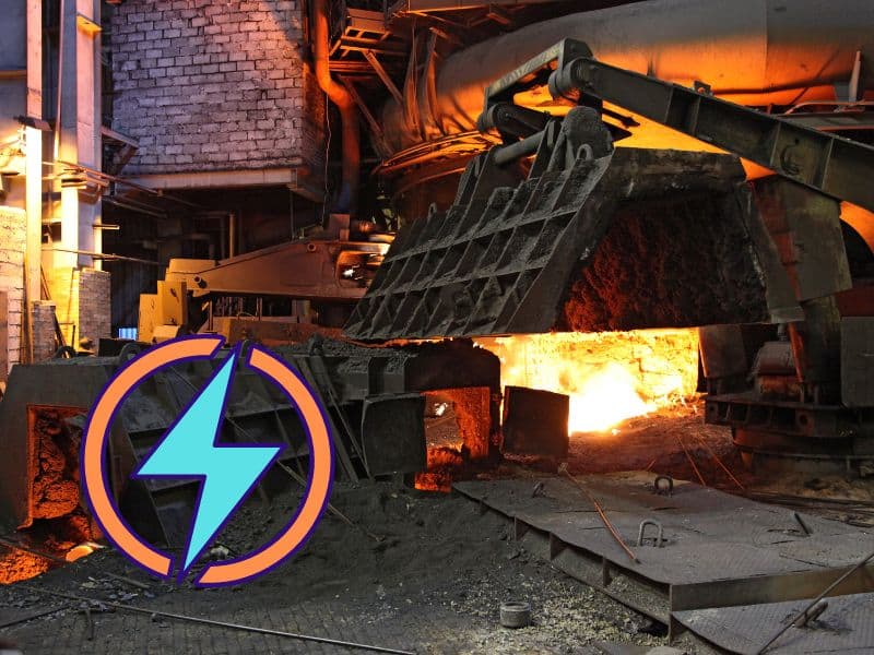 A photograph of a steel furnace glowing red hot. In the lower-left corner of the image is an energy symbol.