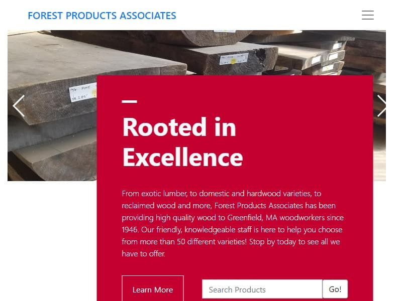 A screenshot of the Forest Product Associates website.