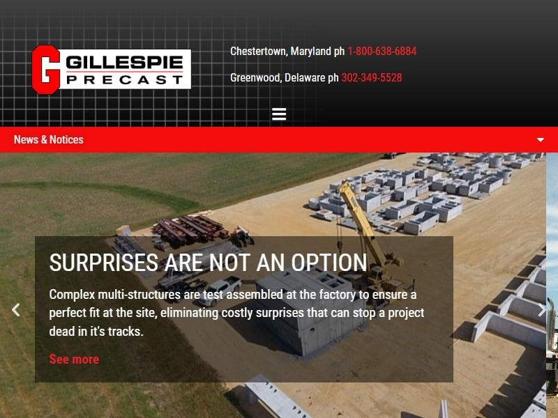 A screenshot of the Gillespie Precast website.