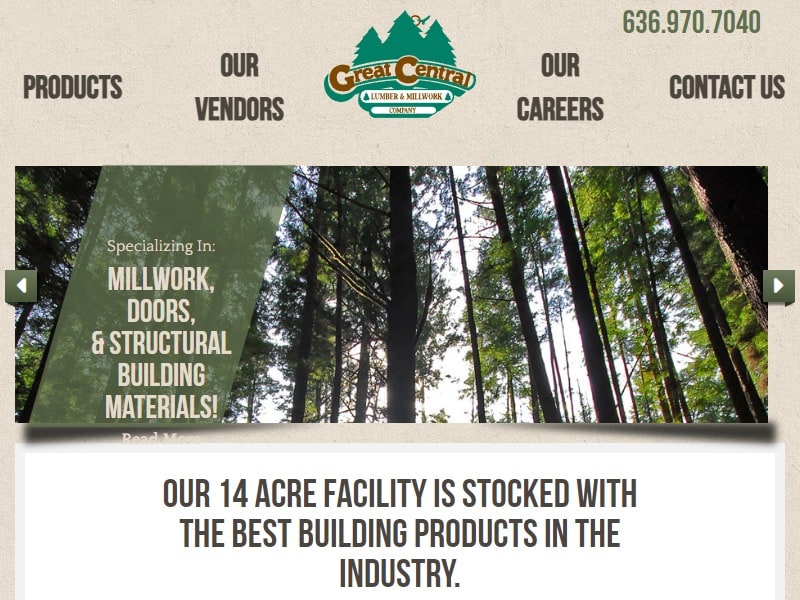 A screenshot of the Great Central Lumber & Millwork website.