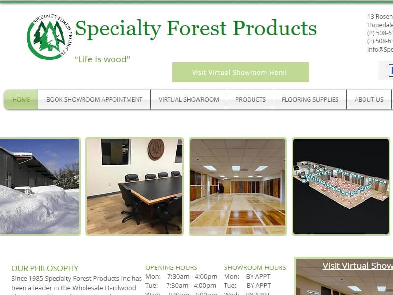 A screenshot of the Specialty Forest Products website.