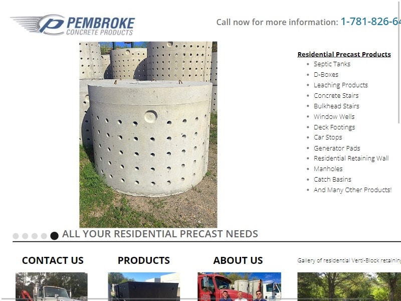 A screenshot of the Pembroke Concrete Products website.