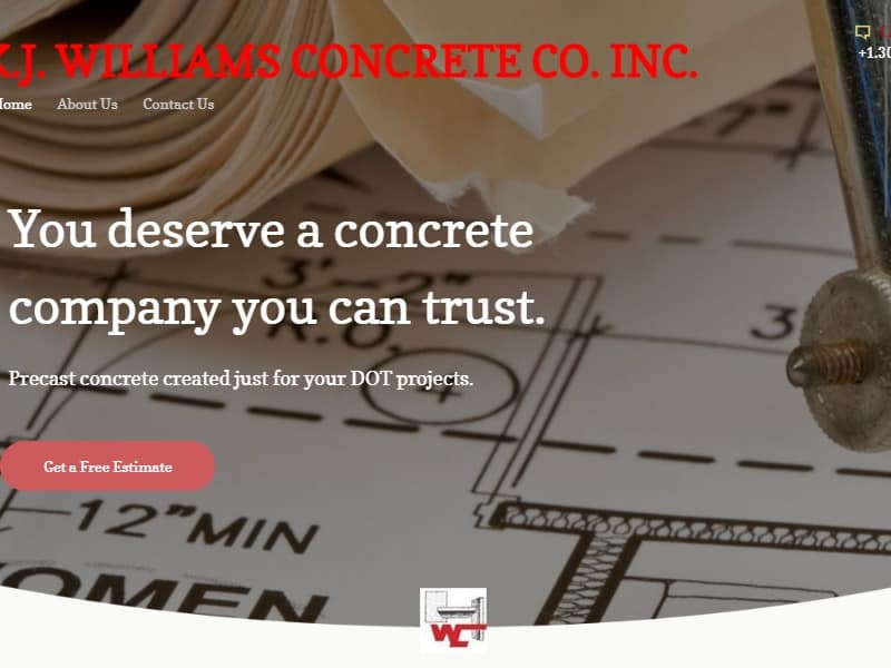 A screenshot of the K.J. Williams Concrete Co. Inc. website.