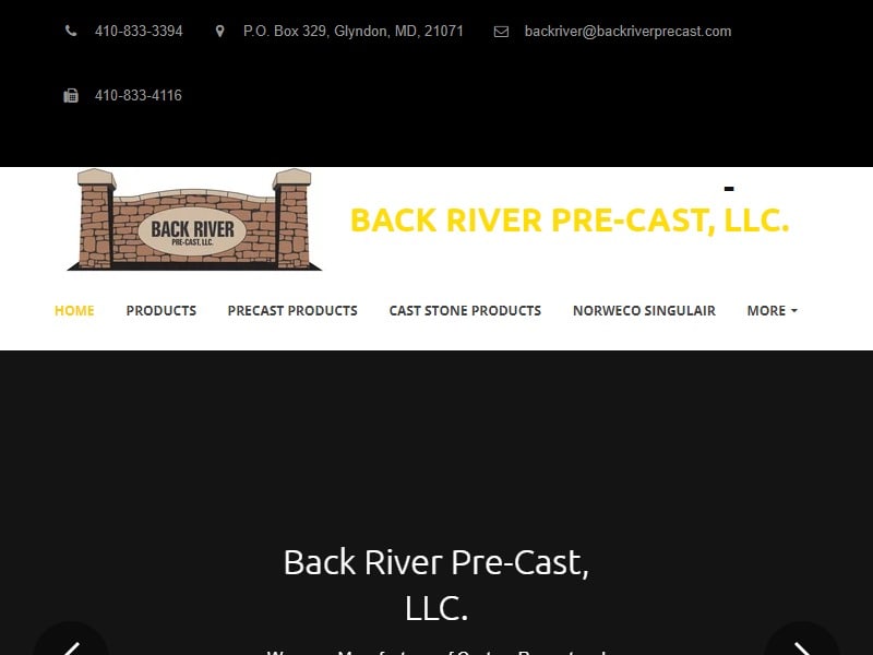 A screenshot of the Back River Precast, LLC website.