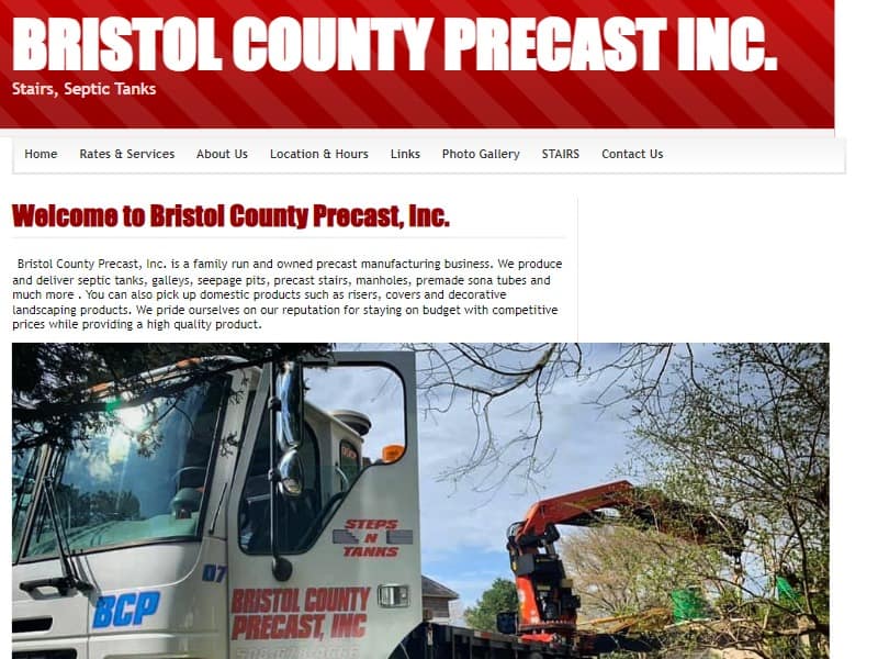 A screenshot of the Bristol County Precast Inc. website.