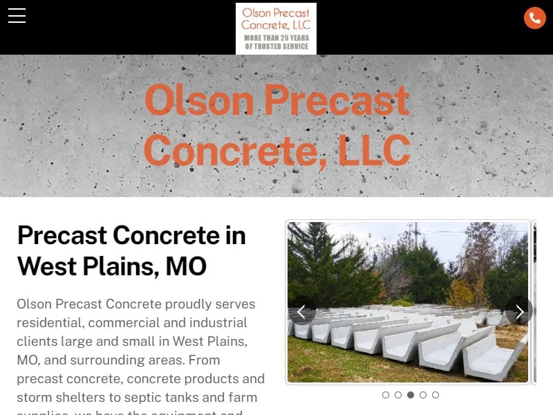 A screenshot of the Olson Precast Concrete, LLC website.