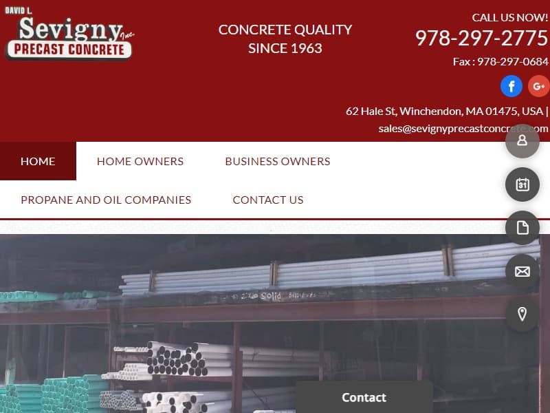 A screenshot of the David L. Sevigny Precast Concrete website.