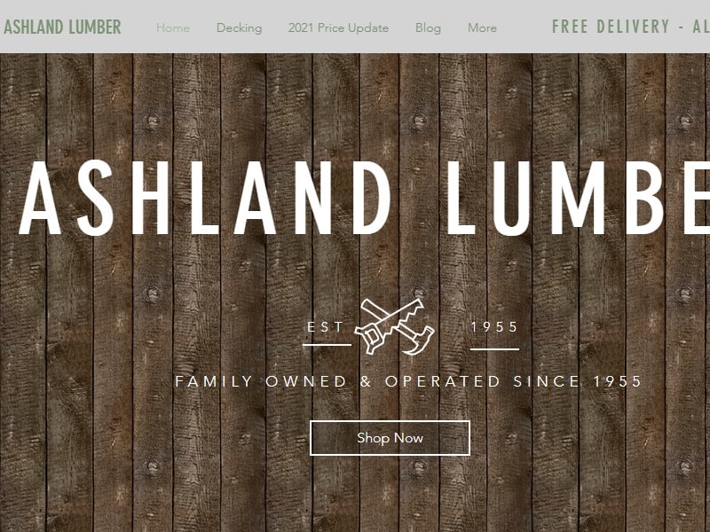 A screenshot of the Ashland Lumber website.